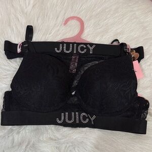 Price firm Juicy Couture Black Lace Embellished Bra Thong Set 34B push up $36